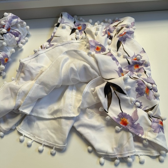 Skirt Set Floral pom pom trim Bodice off shoulder sheer sleeve crop top purple - Picture 6 of 15